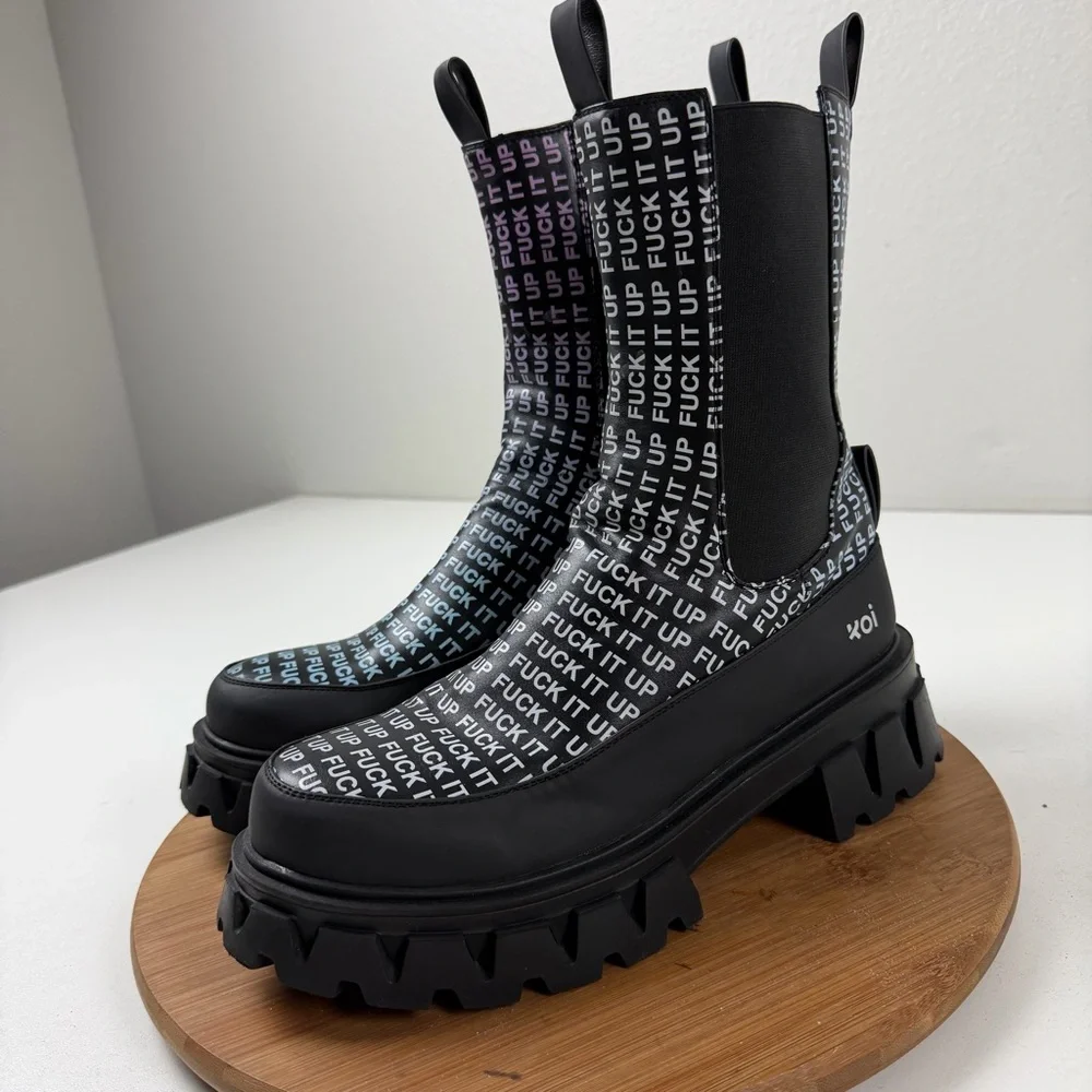 Koi Dolls Kill ‘F it up’ Black Platform Chelsea Boots - Picture 4 of 10